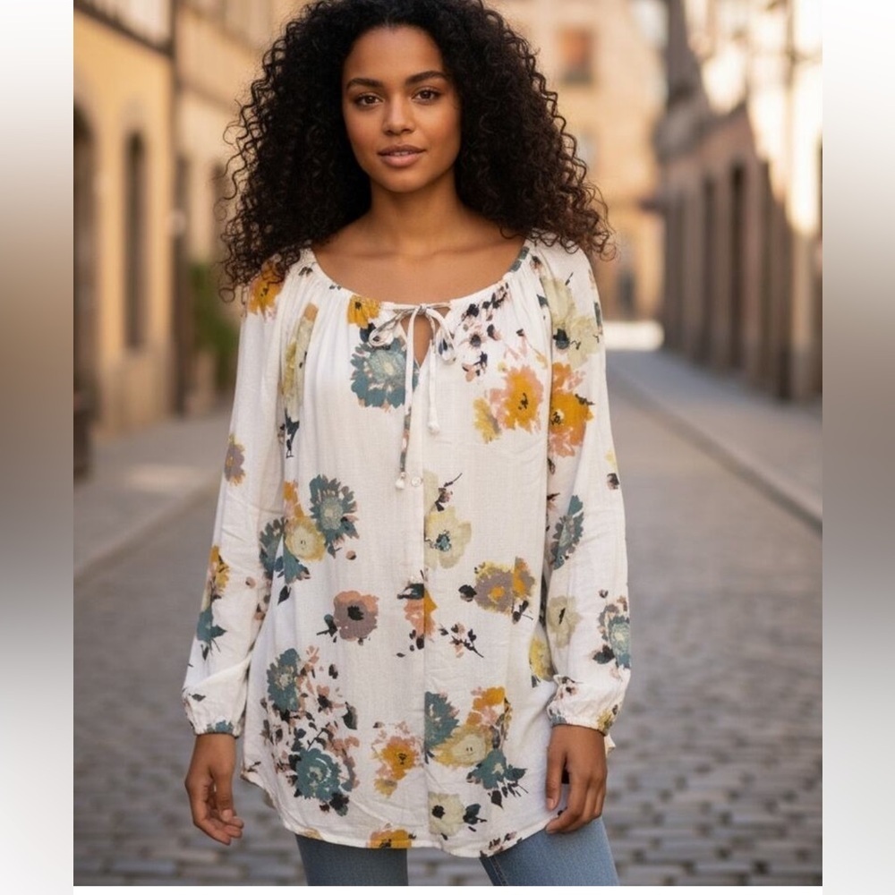 Lucky brand womens ivory, floral peasant top tie, neck, BoHo blouse SZ M